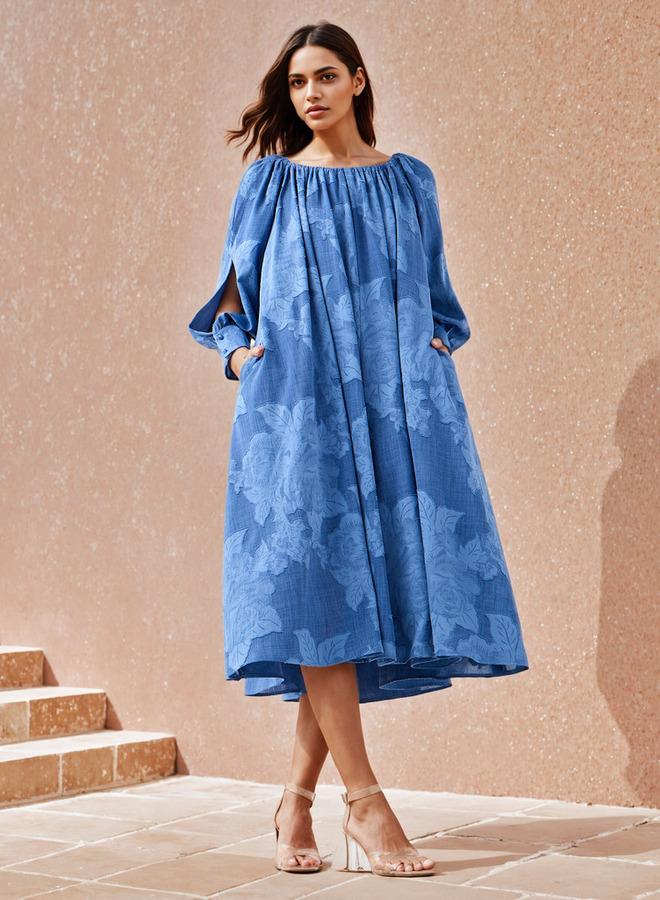 Iconic Floral Gathered Dress with Volume Sleeves and Pockets - Image 2